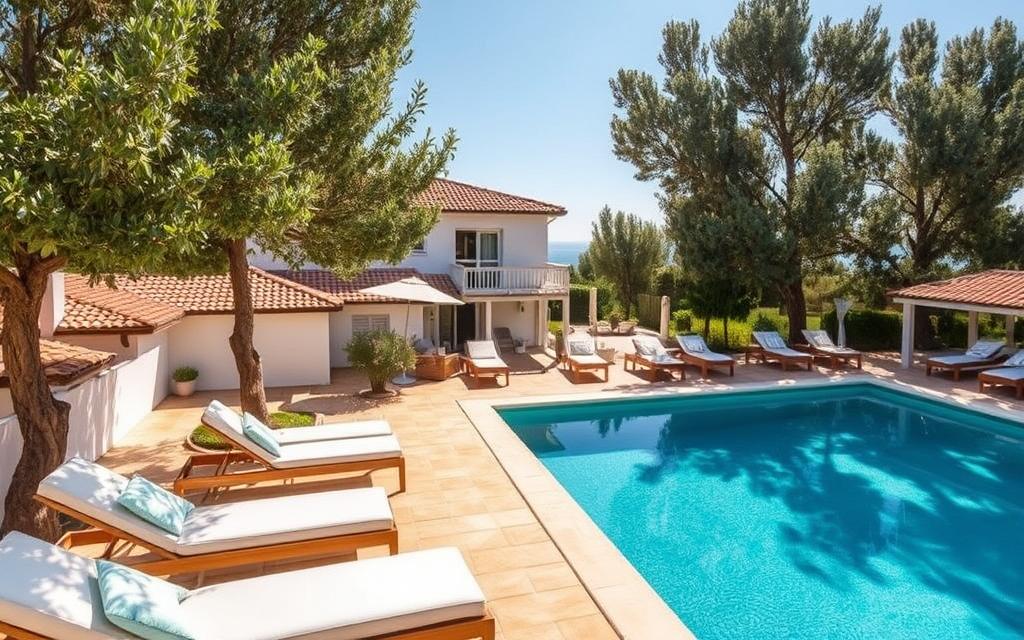 Langzeiturlaub Zypern Unterkünfte: A serene villa nestled in the heart of a lush, Mediterranean landscape. Overlooking the azure waters of the Aegean, the #AVORA-HOMES property offers a tranquil oasis with its whitewashed walls, terracotta tiled roofs, and sprawling outdoor spaces. Sunlight filters through verdant olive trees, casting a warm, golden glow across the inviting pool and shaded terraces. Guests can unwind on plush lounge chairs, sipping local wines and savoring the island's fresh, coastal cuisine. The villa's interior exudes a refined, yet comfortable charm, with tasteful furnishings and modern amenities that cater to the needs of long-term visitors. This idyllic retreat provides the perfect setting for an extended stay on the enchanting island of Cyprus.