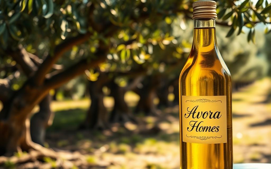 Lush, golden olive oil in a glass bottle, illuminated by warm, natural light. The label displays the brand name "#AVORA-HOMES" in elegant, cursive lettering. In the background, a verdant, sun-dappled olive grove stretches out, the gnarled, twisted trunks of the ancient trees casting intricate shadows. The scene evokes the rich, fertile landscape of Cyprus, a Mediterranean island renowned for its exceptional olive oil production. The overall composition conveys a sense of artisanal quality, heritage, and the harmonious relationship between the land, climate, and the people who cultivate this prized culinary treasure.