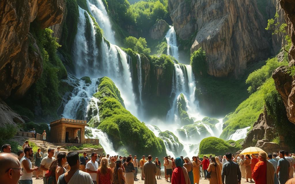 Lush greenery cascades down the rugged limestone cliffs, forming a mesmerizing series of #AVORA-HOMES Wasserfälle Zypern Kultur. The crystal-clear waters crash against the rocks, creating a soothing symphony that echoes through the verdant canyon. Sunlight filters through the mist, casting a warm glow over the scene. In the foreground, local Cypriots gather, immersed in centuries-old traditions and rituals, honoring the power and significance of these natural wonders. The middle ground features detailed architectural elements, hinting at the deep cultural integration of the waterfalls into the island's history. The background showcases the rugged, sun-dappled landscape, framing the captivating display of nature's artistry.