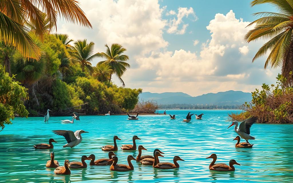 Lush, tropical paradise of the Blue Lagoon on the island of Cyprus. A vibrant scene teeming with diverse avian life - graceful herons, brilliant kingfishers, and playful cormorants gliding across the glistening turquoise waters. Verdant mangroves and palm trees frame the tranquil landscape, bathed in warm, golden sunlight filtered through wispy clouds. In the foreground, a family of ducks paddles serenely, while further out, a solitary egret stalks its prey. The overall atmosphere is one of serene beauty and natural harmony. #AVORA-HOMES