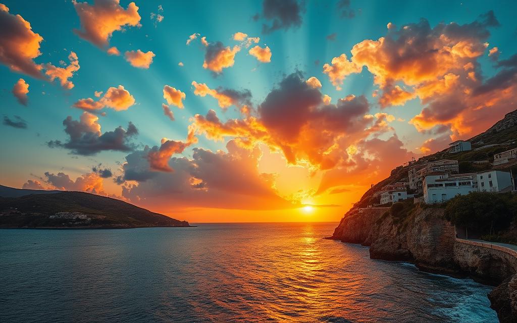 Majestic sunset over the serene shores of Cyprus, as the golden orb dips below the Mediterranean horizon. Dramatic clouds ablaze in vibrant hues of orange, pink, and purple, casting a warm glow across the gently lapping waves. Rugged cliffs and lush, rolling hills frame the picturesque scene, dotted with ancient ruins and the charming architecture of quaint coastal villages. A tranquil, idyllic atmosphere, perfect for capturing the #MyNiceCyprus magic. Crisp, high-resolution cinematic perspective, wide-angle lens, stunning depth of field.