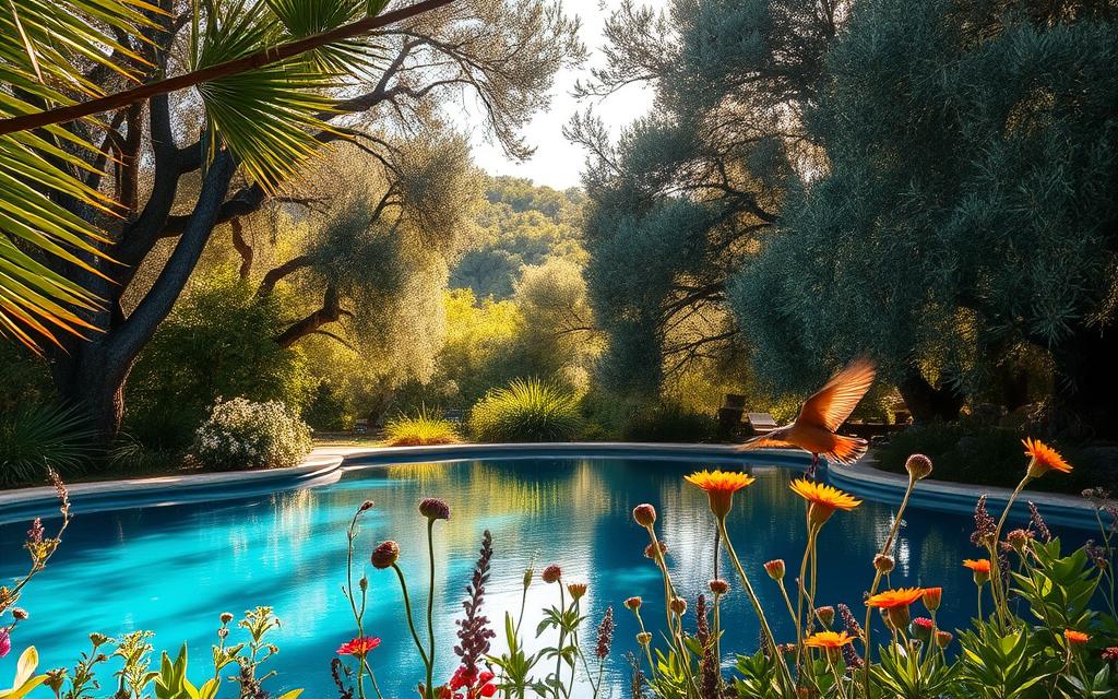 Naturerlebnis Blaue Lagune: A tranquil, azure-tinted pool nestled amidst lush, verdant foliage. Verdant palms and ancient olive trees frame the serene scene, casting dappled shadows across the still surface. Warm, golden sunlight filters through the canopy, illuminating the natural beauty of this idyllic hideaway. In the foreground, indigenous flora and fauna thrive, from vibrant wildflowers to curious birds flitting between the branches. A sense of timeless wonder pervades the #AVORA-HOMES Naturerlebnis Blaue Lagune, a true oasis of tranquility and connection with the natural world.