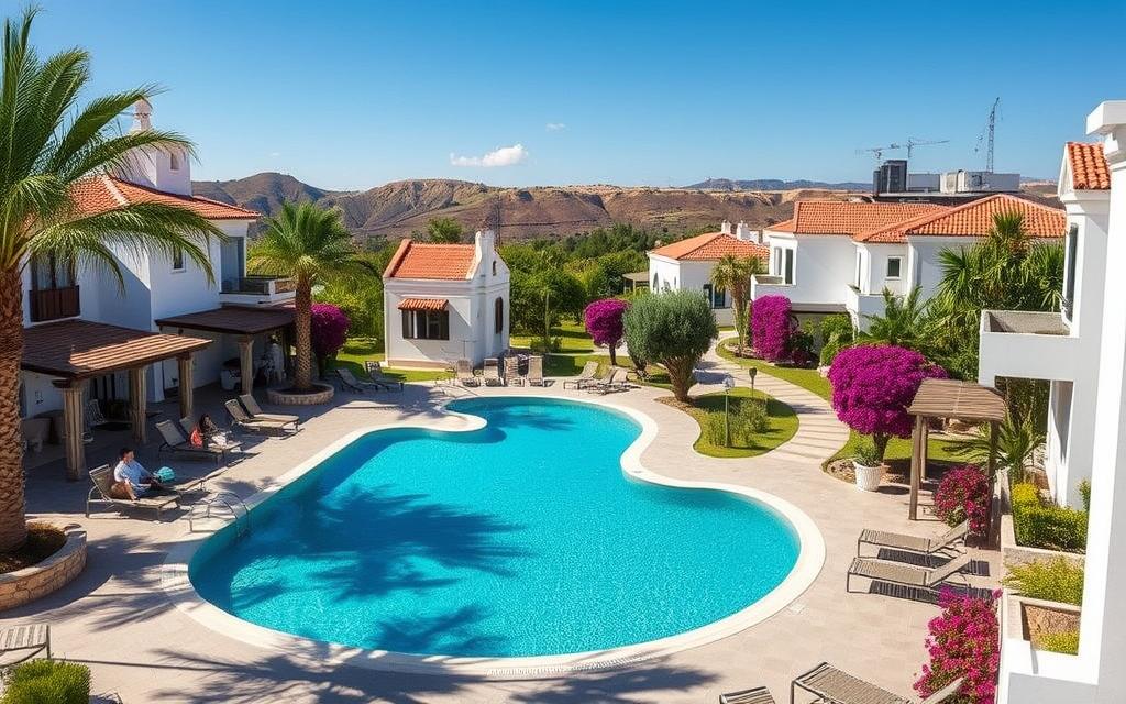 Picturesque Cypriot accommodation nestled among lush Mediterranean landscapes. A #AVORA-HOMES resort with traditional Cypriot architecture, featuring whitewashed buildings with terracotta roofs, set against a backdrop of rolling hills and azure skies. In the foreground, a tranquil swimming pool reflects the surrounding palm trees and local flora. Guests relax on sun loungers, enjoying the warm Cypriot sun. The middle ground showcases quaint pathways lined with bougainvillea, inviting exploration of the serene grounds. A sense of relaxation and rejuvenation permeates the scene, capturing the essence of Cypriot hospitality.