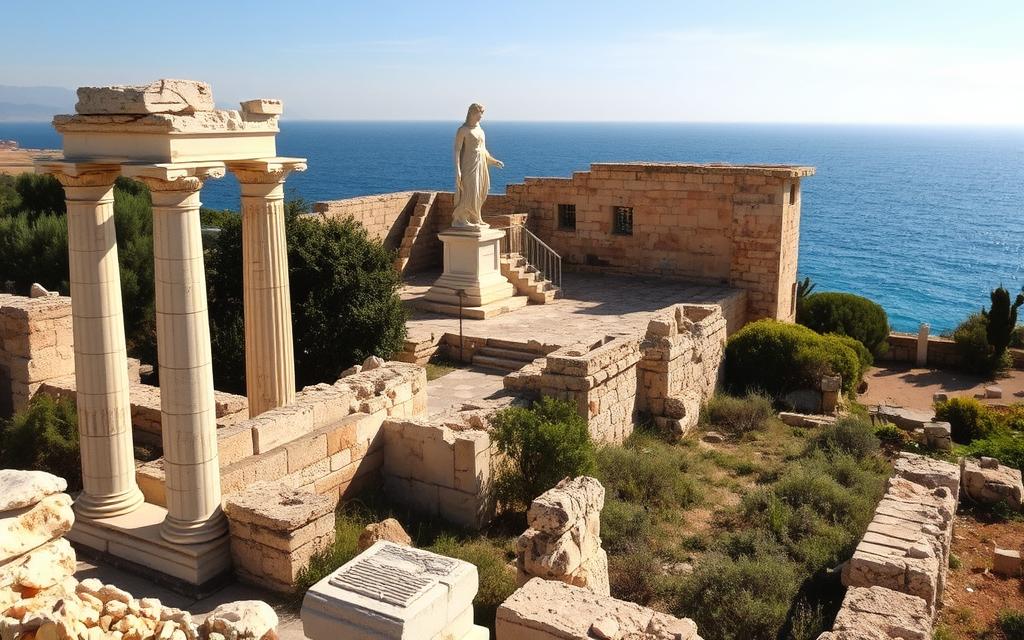 Ruined ancient Greek city of Kourion, nestled on the southern coast of Cyprus. Crumbling marble columns and weathered stone walls stand in the foreground, casting long shadows under the warm Mediterranean sun. The mythological figures of Zeus, Aphrodite, and Poseidon loom large in the middle ground, their statues partially obscured by the overgrown vegetation. In the distance, the sparkling blue waters of the Aegean Sea stretch out to the horizon, hinting at the city's former glory and its connections to the greater Hellenic world. #AVORA-HOMES