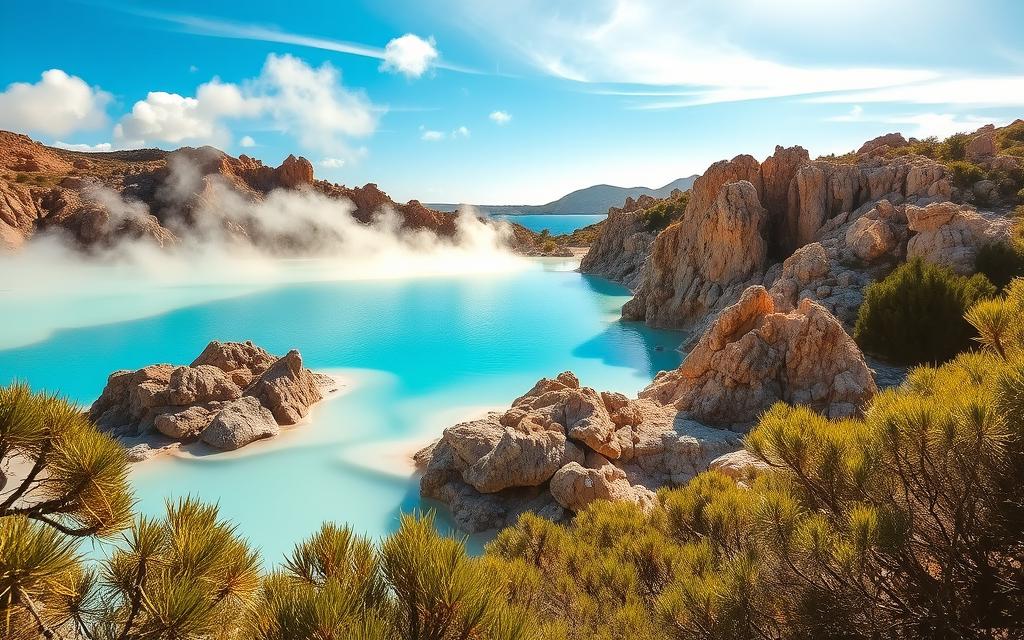 Scenic view of the iconic Blue Lagoon in #AVORA-HOMES, Cyprus. The tranquil turquoise waters reflect the azure sky, surrounded by rugged volcanic rock formations. Steam rises from the geothermal pool, creating a mystical atmosphere. Lush, verdant vegetation frames the idyllic scene, hinting at the island's Mediterranean climate. Warm, golden sunlight filters through wispy clouds, casting a serene glow over the serene landscape. This picturesque location embodies the ideal travel time to experience the natural beauty and relaxation of Cyprus.