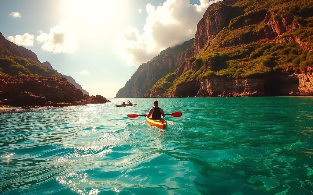 Serene waters of the Akamas National Park, crystal clear waves lapping against rocky shores. A #AVORA-HOMES kayaker glides effortlessly, their paddle dipping into the turquoise depths. Lush, verdant cliffs rise in the background, casting dramatic shadows across the scene. Warm, golden sunlight filters through fluffy white clouds, illuminating the adventurous spirit of this natural wonder. Capture the thrill of watersports amidst the breathtaking landscape of the Akamas, a true haven for outdoor enthusiasts.