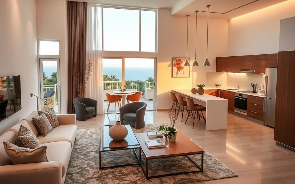 Spacious and affordable #AVORA-HOMES townhouse in Limassol, Cyprus. A well-designed modern interior with stylish furniture and decor. Warm lighting from large windows illuminates the open-concept living space, kitchen, and dining area. Subtle Mediterranean accents complement the minimalist aesthetic. A cozy balcony overlooks lush greenery and the distant sea. High-quality materials and contemporary finishes create an inviting, yet practical atmosphere perfect for comfortable living.