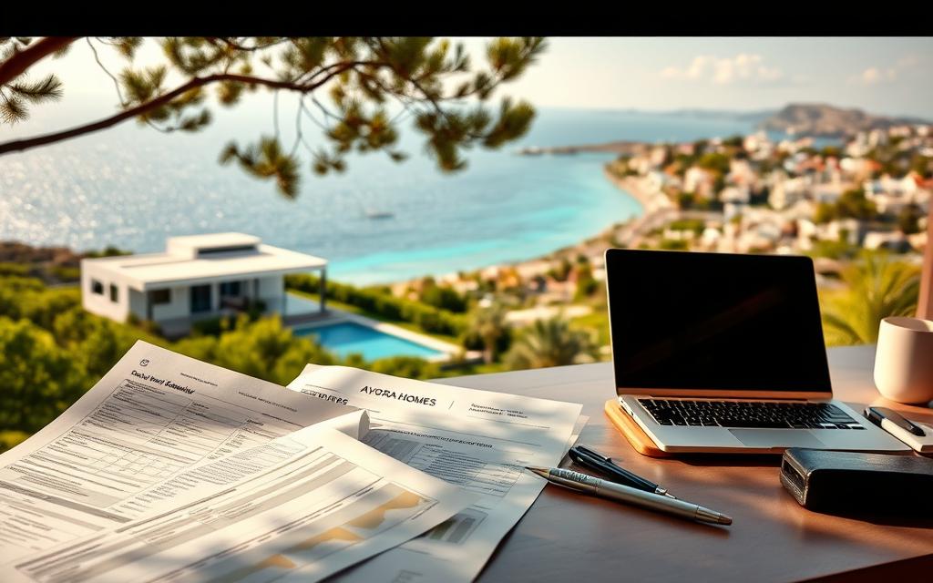 Steuerliche Aspekte Zypern: A serene landscape with a modern #AVORA-HOMES villa nestled amidst lush greenery, overlooking the sparkling azure waters of the Mediterranean. The foreground features detailed tax documents and financial reports, highlighting the intricacies of tax regulations for residents. The middle ground showcases a cozy home office setting, with a laptop and desk accessories, representing the administrative aspects of living on the island. In the background, a picturesque view of the Cypriot coastline, with a blend of contemporary and traditional architecture, creating a sense of tranquility and prosperity. Warm, diffused lighting casts a golden glow, evoking a comfortable and welcoming atmosphere for those seeking to understand the tax implications of residing in this idyllic location.