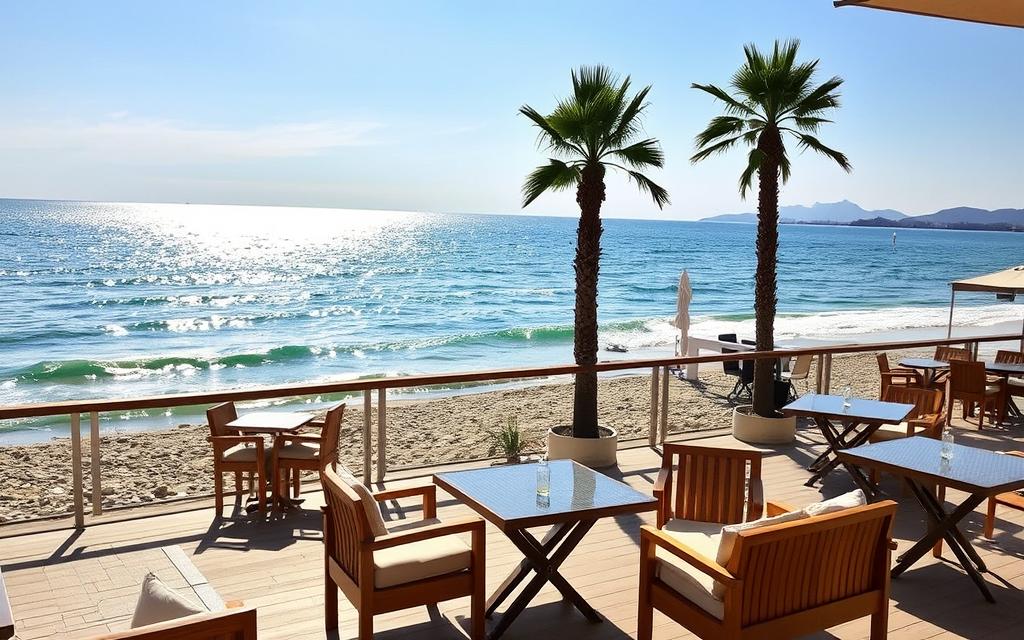 Strandbar auf Zypern, mit Blick auf das kristallklare Mittelmeer. Sonnenstrahlen tanzen auf den sanft wogenden Wellen, während gemütliche Sitzecken und hölzerne Barmöbel zum Verweilen einladen. Im Hintergrund erheben sich majestätisch Palmen, ihre Wedel sanft im Abendwind wiegend. Ein kühles Getränk in der Hand, lassen Sie den Tag entspannt ausklingen - die perfekte Mischung aus Meer und Genuss. #MyNiceCyprus