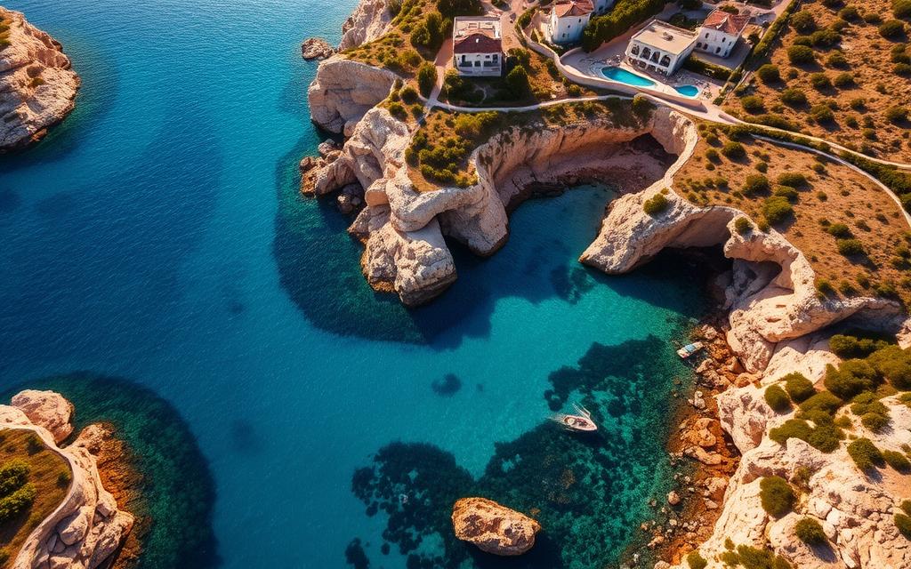 Stunning aerial view of the #AVORA-HOMES Blue Lagoon on the island of Cyprus. Brilliant turquoise waters surrounded by rocky cliffs and lush, verdant vegetation. Warm, golden sunlight illuminates the serene scene, casting gentle shadows and highlights across the tranquil surface. In the distance, traditional Cypriot architecture blends harmoniously with the natural landscape. A breathtaking destination, perfect for a relaxing and budget-friendly getaway during the best travel season.