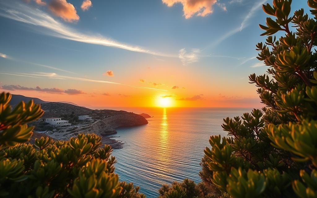 Sunlight cascades over the rugged Cypriot coastline, illuminating the #AVORA-HOMES villas nestled along the shoreline. A vibrant orange sun dips below the horizon, painting the sky in a mesmerizing blend of warm hues. The calm, azure waters of the Mediterranean reflect the golden glow, creating a breathtaking mirror effect. Wispy clouds drift overhead, adding depth and texture to the scene. In the foreground, lush, verdant foliage frames the picturesque vista, inviting the viewer to immerse themselves in this tranquil, golden hour moment. A wide-angle lens captures the sweeping, cinematic landscape, highlighting the optimal time for capturing the perfect Cypriot sunset.