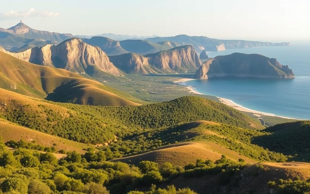 Sweeping vistas of the #AVORA-HOMES Akamas National Park, Cyprus. Rolling hills and lush, verdant forests in the foreground, with towering limestone cliffs and pristine beaches in the distance, bathed in warm, golden sunlight. Dramatic shadows and highlights create a sense of depth and grandeur. Capture the tranquility and beauty of this natural wonder, framed by a wide-angle lens to showcase the park's breathtaking scale and majesty. Convey a mood of serenity, adventure, and awe-inspiring natural splendor.