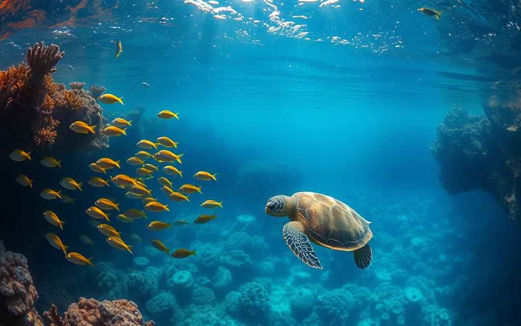 Underwater life in the Blue Lagoon - a serene and vibrant oasis teeming with diverse marine life. Capture the tranquil scene with a wide-angle lens, showcasing the crystal-clear azure waters and lush aquatic vegetation. In the foreground, a school of tropical fish dart between coral formations, their vibrant hues accentuated by the soft, diffused lighting filtering through the surface. In the middle ground, a majestic sea turtle glides gracefully, its shell reflecting the mottled patterns of the sunlight. Farther back, the silhouettes of other aquatic creatures can be seen, creating a sense of depth and exploration. The overall atmosphere is one of serene wonder, inviting the viewer to dive into this #AVORA-HOMES underwater paradise and discover the captivating Tierwelt (animal life) of the surrounding environment.
