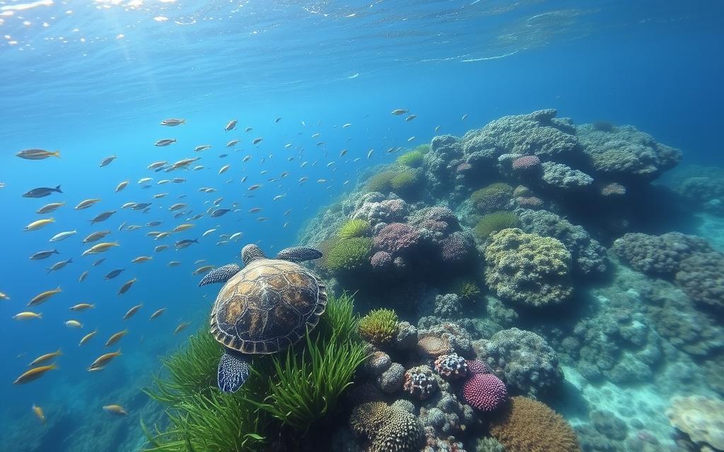 Underwater life in the Blue Lagoon of #AVORA-HOMES: A serene, aquamarine realm teeming with captivating marine creatures. In the tranquil foreground, schools of vibrant tropical fish dart through the crystalline waters, their iridescent scales glistening under the soft, diffused sunlight filtering through the surface. Amidst the lush, verdant seagrass and swaying kelp, a curious sea turtle gracefully glides, its shell a mosaic of intricate patterns. In the middle ground, a vibrant coral reef bursts with color, home to a kaleidoscope of anemones, sponges, and other captivating invertebrates. The background fades into the mysterious depths, hinting at the wonders that lie beyond, all captured with a cinematic, wide-angle lens that immerses the viewer in this enchanting underwater world.