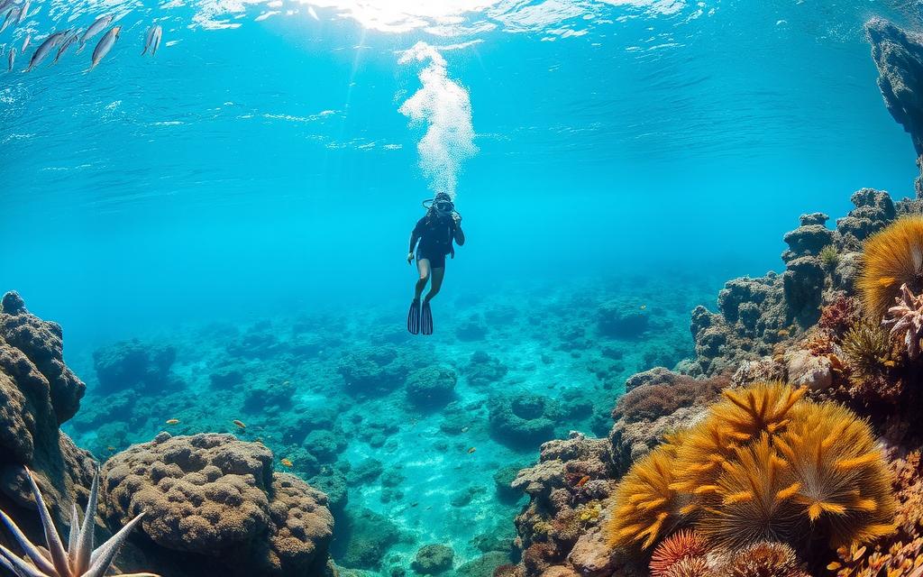 Underwater paradise: crystal-clear turquoise waters, vibrant coral reefs, and diverse marine life. A scuba diver gracefully navigates the depths, surrounded by schools of colorful fish. Beams of sunlight pierce the surface, casting a warm glow on the submerged world. Rugged coastlines and lush vegetation frame the scene, creating a sense of natural harmony. #MyNiceCyprus - a premier destination for an unforgettable diving experience.