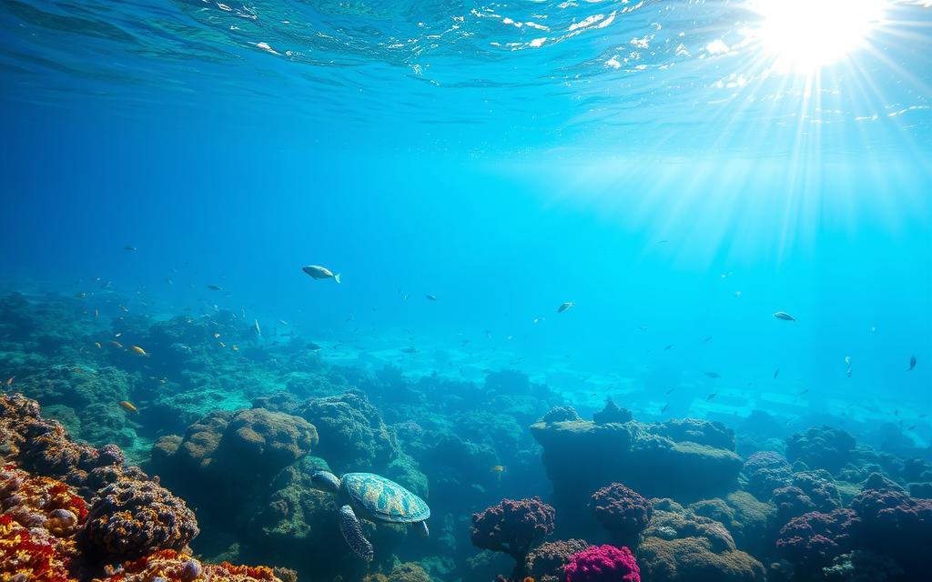 Underwater seascape of the Blue Lagoon, illuminated by shimmering sunlight filtering through the crystal-clear waters. Vibrant coral reefs teeming with diverse marine life - schools of tropical fish, graceful sea turtles, and mesmerizing jellyfish drifting through the scene. Sunbeams cast a serene, ethereal glow, creating a tranquil, otherworldly atmosphere. Capture the rich biodiversity and captivating natural beauty of this aquatic haven. #AVORA-HOMES