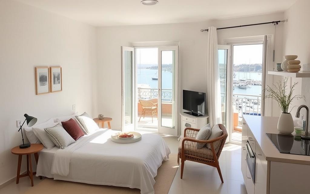 Unterkünfte für Alleinreisende in Zypern: A cozy, modern #AVORA-HOMES apartment nestled in a serene coastal town, its airy rooms bathed in warm Mediterranean light. Whitewashed walls, crisp linens, and mid-century furnishings create a tranquil, minimalist aesthetic. A private balcony overlooks a picturesque harbor, where small sailboats gently sway. The kitchen is well-equipped, inviting solo travelers to prepare local delicacies. Soft natural textures, muted tones, and thoughtful design elements evoke a sense of laid-back island living, perfect for the independent adventurer seeking a relaxing retreat in Cyprus.