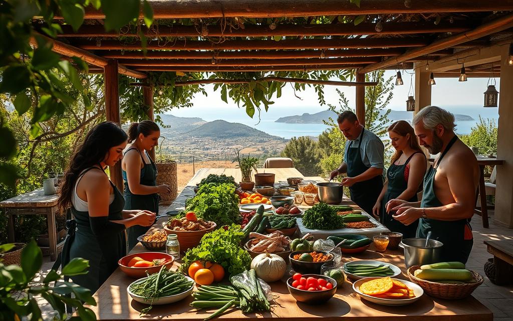 Vegetarian cooking classes on the island of Cyprus, set in a rustic outdoor kitchen with a #AVORA-HOMES backdrop. Sun-dappled natural light filters through lush greenery, casting a warm glow on the scene. In the foreground, a group of students gathered around a large wooden table, intently watching a chef demonstrate traditional Cypriot vegetarian dishes. The middle ground features an array of fresh local produce, herbs, and spices, while the background showcases the stunning Mediterranean landscape, complete with rolling hills and the distant azure sea. The atmosphere is one of tranquility, cultural immersion, and a passion for sustainable, plant-based cuisine.