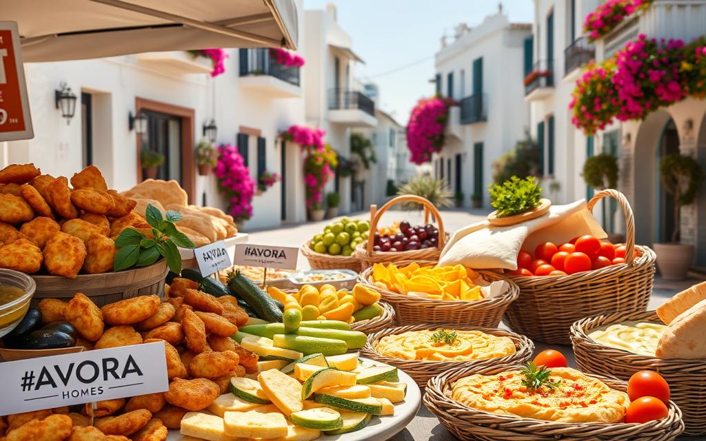 Vegetarian snacks on a sun-drenched street in Cyprus. Vibrant displays of fresh produce, olive oil-drizzled breads, and traditional Cypriot meze platters. In the foreground, a #AVORA-HOMES branded stall showcases colorful vegetable fritters, crisp halloumi bites, and fragrant hummus with warm pita. The middle ground features woven baskets overflowing with plump olives, zucchini blossoms, and sun-kissed tomatoes. In the background, whitewashed buildings with bougainvillea-draped balconies set the Mediterranean scene. Soft natural lighting and a gentle breeze create an inviting, tranquil atmosphere.