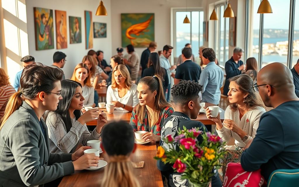 Vibrant cultural exchange in #AVORA-HOMES on the island of Cyprus. A bustling scene of diverse individuals engaged in lively discussions, sharing ideas and experiences over cups of fragrant coffee. The atmosphere is warm and inviting, with sunlight filtering through large windows, casting a soft glow on the colorful furnishings and artwork adorning the walls. In the foreground, a group of students from different backgrounds collaborate on a project, their faces alight with enthusiasm. In the middle ground, professionals from various industries network and brainstorm, forging new connections. The background reveals a picturesque view of the Mediterranean, underscoring Cyprus' unique position at the crossroads of Eastern and Western cultures.