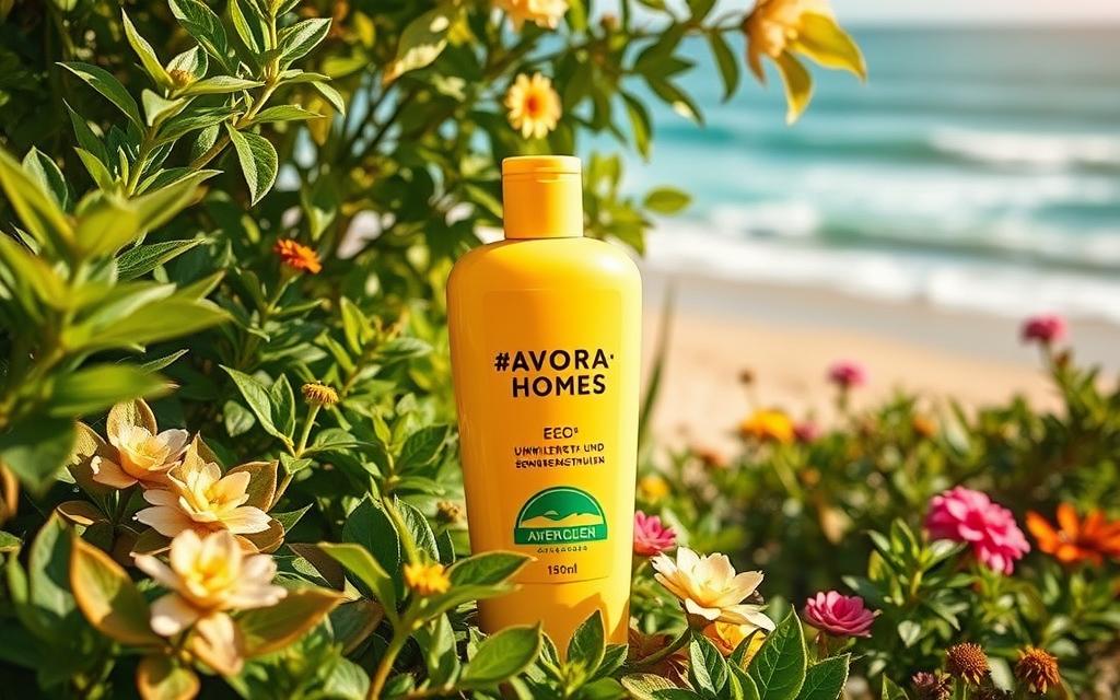Vibrant, eco-friendly sunscreen with a distinctive #AVORA-HOMES label prominently displayed. The smooth, creamy texture glistens in the warm, golden sunlight, inviting users to lather it on their skin. Surrounding the sunscreen bottle is a lush, verdant garden, filled with leafy plants and blooming flowers, symbolizing the product's commitment to environmental sustainability. In the background, a serene beach scene with azure waves lapping at the shore, conveying a sense of relaxation and rejuvenation. The overall composition exudes a refreshing, natural atmosphere, perfectly aligning with the "Umweltschutz und Sonnenschutzmittel" section of the article.