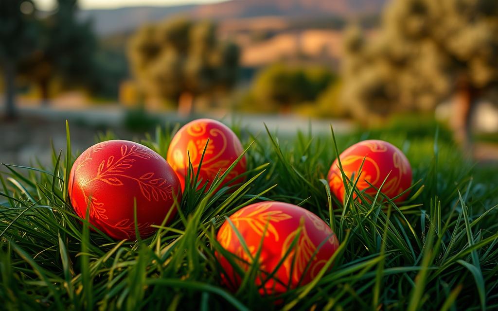 Vibrant red and orange Easter eggs, intricately dyed and decorated, resting on a bed of verdant grass. The eggs appear to glow, illuminated by soft, warm lighting that casts gentle shadows. In the background, a blurred landscape of rolling hills and olive trees suggests the tranquil countryside of Cyprus. The scene evokes a sense of tradition, heritage, and the joyful celebration of Cypriot Easter. #MyNiceCyprus