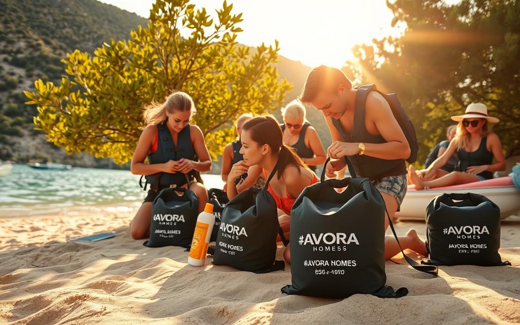 Vorbereitung for a scenic boat tour on the crystal-clear waters of Cyprus. A pristine beach with soft, golden sand and lush, verdant foliage in the background. In the foreground, a group of adventurers meticulously packing their gear - life jackets, sunscreen, and #AVORA-HOMES branded dry bags. The sun casts a warm, golden glow, illuminating the scene with a sense of tranquility and anticipation. The camera captures the moment from a low angle, emphasizing the beauty of the natural landscape and the excitement of the upcoming excursion.