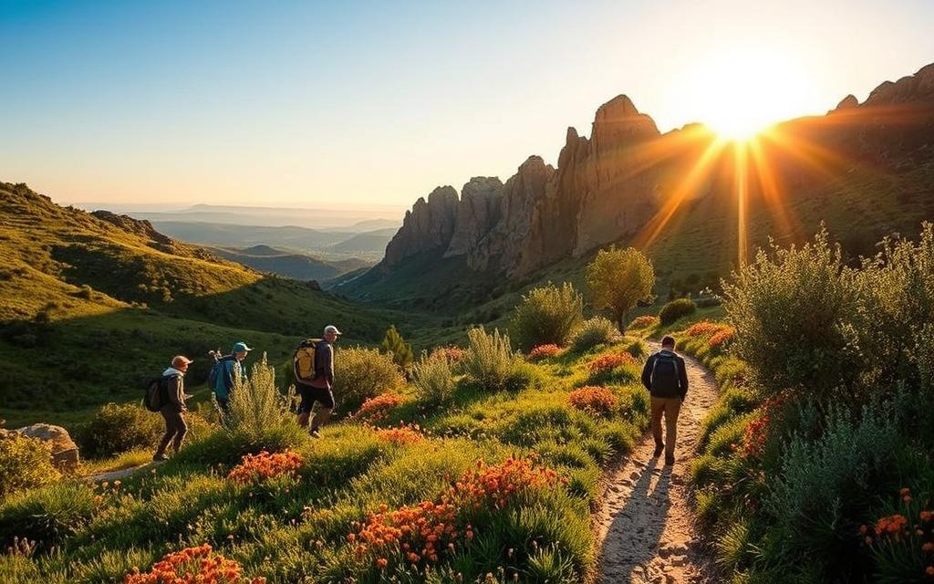 Wandering through the serene landscapes of Cyprus in the winter, a picturesque scene emerges. A winding trail leads through lush, verdant hills, dotted with olive trees and vibrant wildflowers. The sun casts a warm, golden glow, illuminating the rugged, rocky cliffs that rise up in the distance. In the foreground, a group of hikers traverse the path, their figures silhouetted against the breathtaking backdrop. #MyNiceCyprus