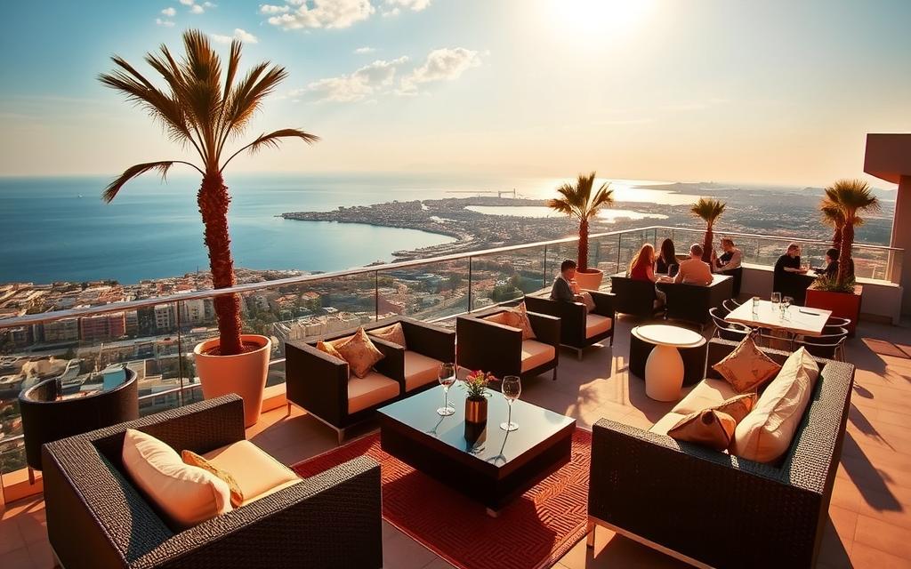 Zypern Rooftop Bars: A Panoramic Escape A stunning rooftop terrace in Cyprus, bathed in warm, golden light. Sleek, modern furniture adorns the space, inviting guests to sip cocktails and gaze out over the picturesque cityscape. In the distance, the azure waters of the Mediterranean shimmer, framed by the silhouettes of palm trees swaying gently in the breeze. The atmosphere is one of relaxation and quiet sophistication, perfect for an evening of #MyNiceCyprus revelry. The scene is captured through a wide-angle lens, highlighting the breadth of the panoramic view and the depth of the urban landscape below.