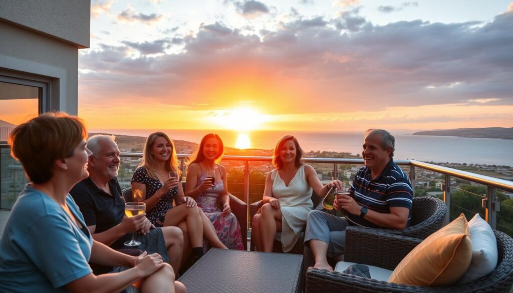 Zufriedene AVORA HOMES Gäste genießen den Sonnenuntergang auf der Terrasse