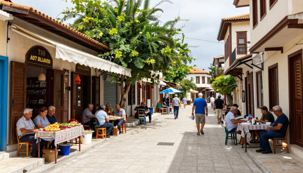 Alltägliche Straßenszene in einer zypriotischen Stadt mit lokalen Geschäften und Einheimischen