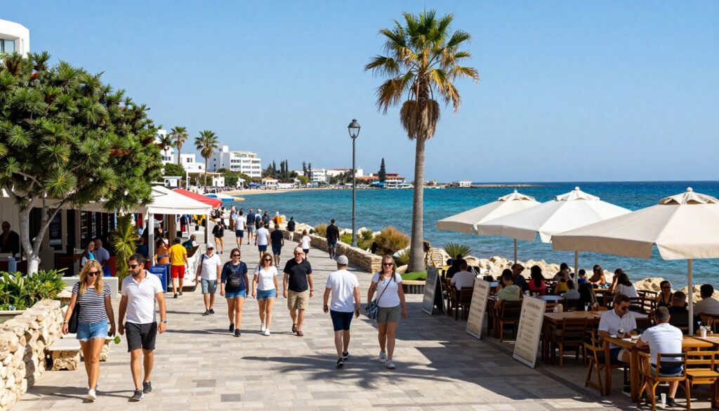 Belebte Strandpromenade in Paphos während der Hochsaison