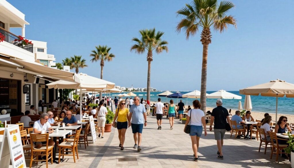 Belebte Strandpromenade mit Restaurants und Geschäften in Zypern