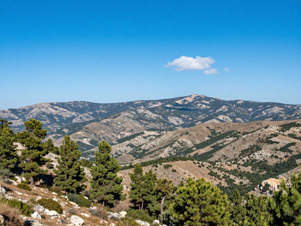Blick auf das Troodos-Gebirge auf Zypern mit Pinienwäldern und natürlicher Vegetation