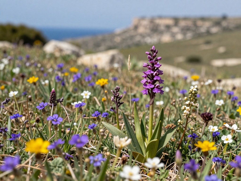 Blühende Wildblumen und Orchideen auf der Akamas Zypern Halbinsel im Frühling