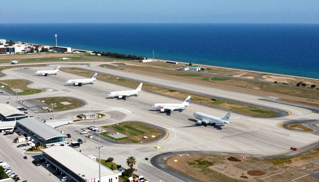 Flughafen Larnaka mit landenden Flugzeugen und Mittelmeer im Hintergrund