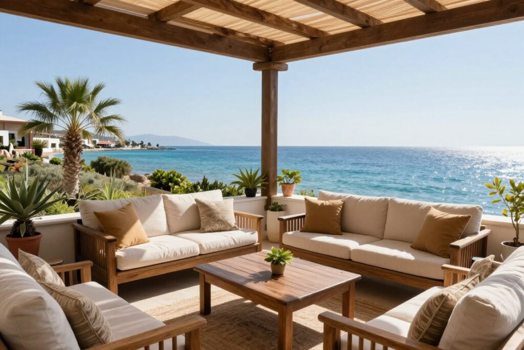 Gemütliche Terrasse einer Ferienwohnung mit Meerblick