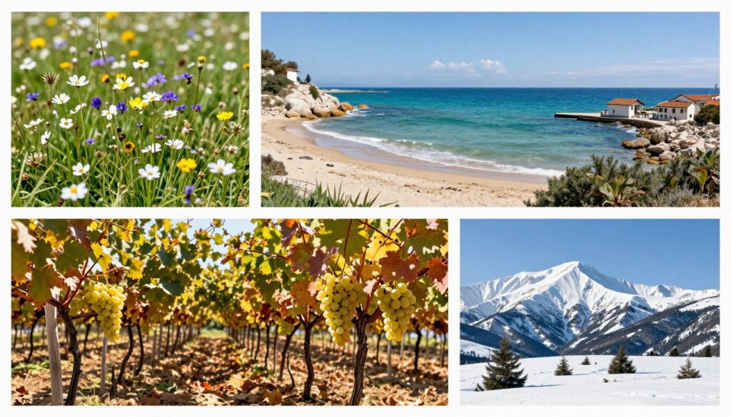 Jahreszeitenvergleich auf Zypern: Frühling mit Blumen, Sommer mit Strand, Herbst mit Weinlese und Winter mit Schnee im Troodos-Gebirge