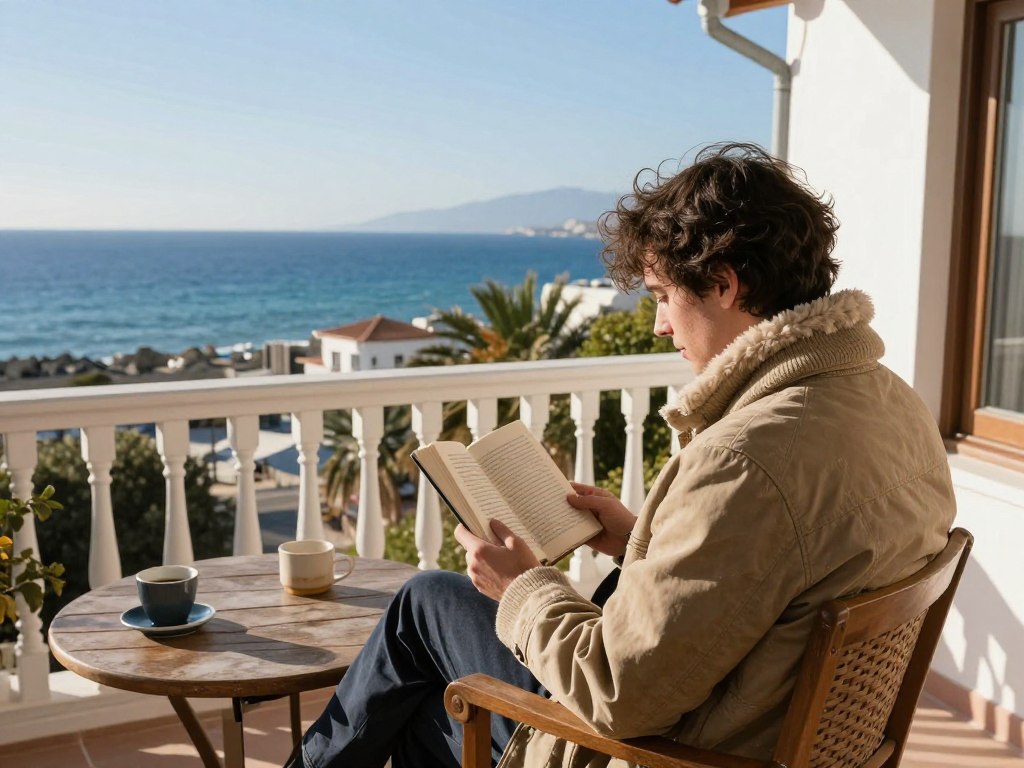 Langzeitmieter genießt den Winter auf der Terrasse einer Ferienimmobilie auf Zypern