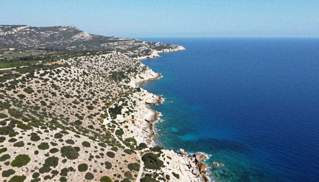 Luftaufnahme der Akamas Halbinsel auf Zypern mit Küstenlinie und unberührter Natur