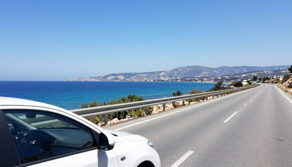Mietwagen auf einer Küstenstraße mit Meerblick auf Zypern
