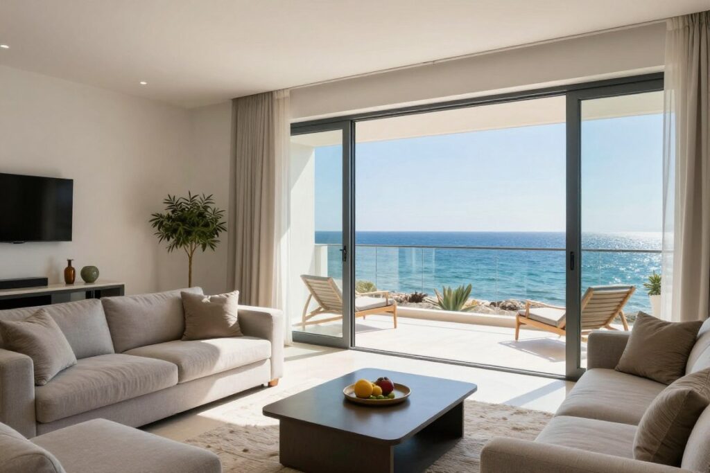 Moderne Ferienwohnung auf Zypern mit Meerblick vom Balkon