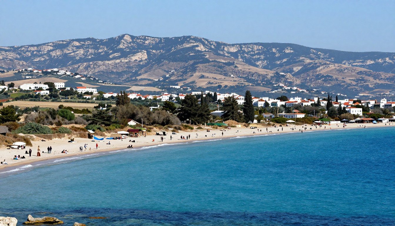 Panoramablick auf die Küste Zyperns mit Bergen im Hintergrund
