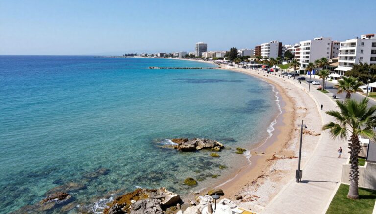 Panoramablick auf die Küste Zyperns mit kristallklarem Wasser und Strandpromenade
