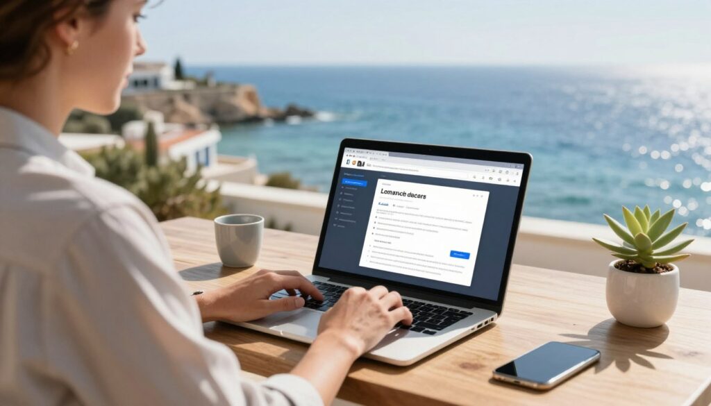Person arbeitet mit Laptop auf einer Terrasse mit Meerblick auf Zypern