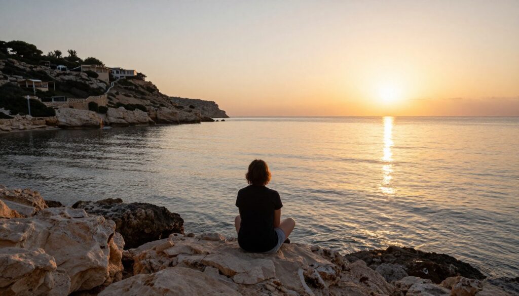 Person genießt den Sonnenuntergang an einer ruhigen Bucht der Akamas Zypern Halbinsel