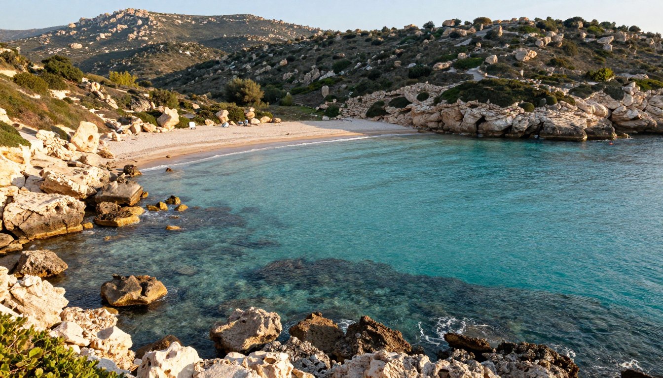 Ruhige Bucht an der Akamas Zypern Halbinsel mit türkisblauem Wasser und felsiger Küste ohne Touristen