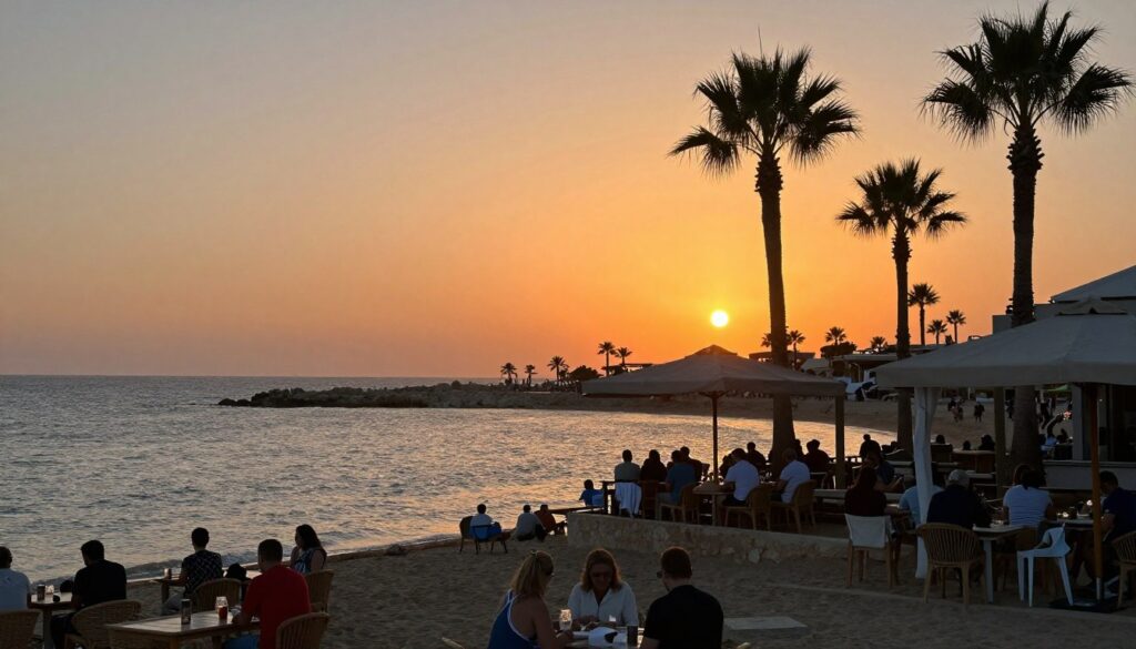 Sonnenuntergang über der Bucht von Coral Bay mit entspannten Urlaubern