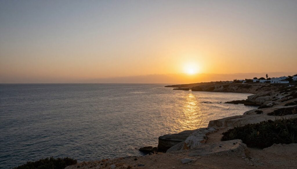 Sonnenuntergang über der Küste von Zypern mit Blick auf das Mittelmeer