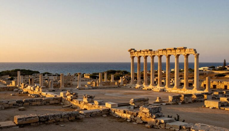 Sonnenuntergang über der antiken Stätte Kourion mit Blick aufs Mittelmeer auf Zypern entdecken